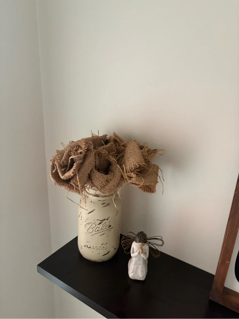 Mason Painted Jar Vase with Burlap Flowers - Cream